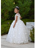 Cap Sleeves Beaded White Tulle 3D Flowers Fancy Flower Girl Dress Cap Sleeves Beaded White Tulle 3D Flowers Fancy Flower Girl Dress